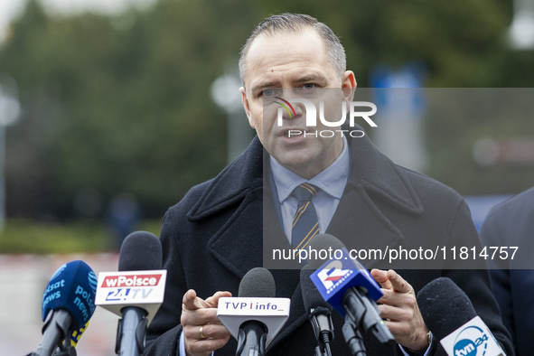 Karol Nawrocki, presidential candidate supported by the Law and Justice party in Poland's 2025 presidential election, meets with journalists...