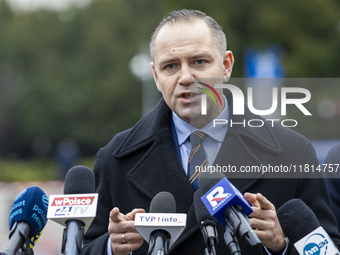 Karol Nawrocki, presidential candidate supported by the Law and Justice party in Poland's 2025 presidential election, meets with journalists...