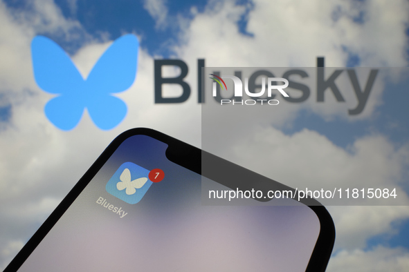 A close-up of the Bluesky social media app icon 