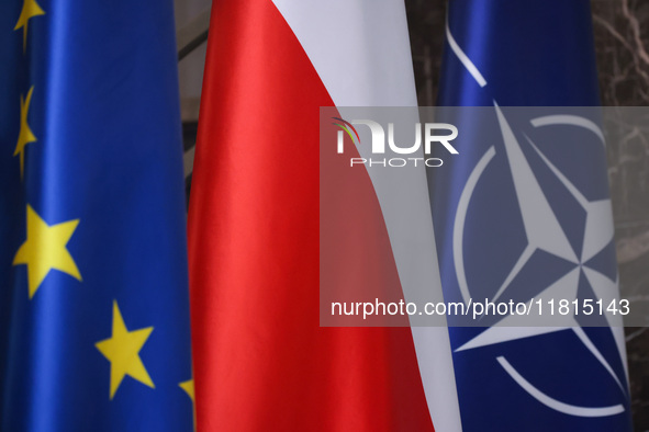 EU, Polish and NATO flags are seen in the Ministry of Foreign Affairs in Warsaw, Poland on November 26, 2024. 