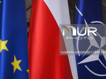 EU, Polish and NATO flags are seen in the Ministry of Foreign Affairs in Warsaw, Poland on November 26, 2024. (