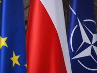 EU, Polish and NATO flags are seen in the Ministry of Foreign Affairs in Warsaw, Poland on November 26, 2024. (