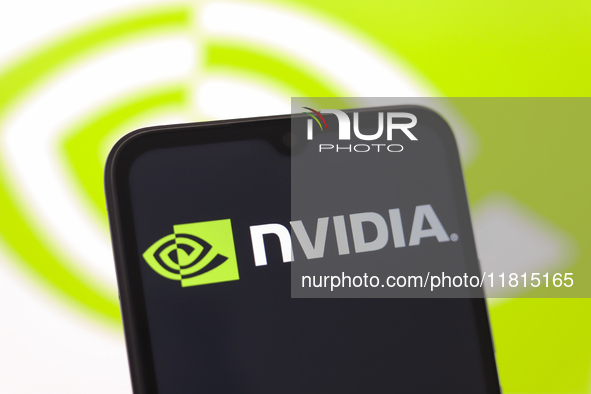 The Nvidia Corporation logo appears on the screen of a smartphone in Reno, United States, on November 27, 2024. (Photo Illustration by Jaque...