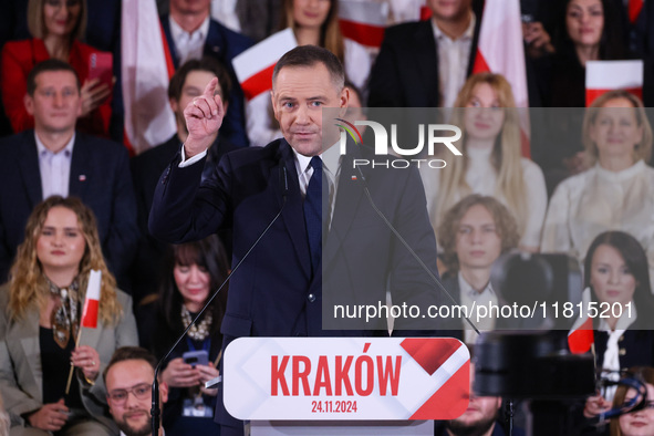 Karol Nawrocki is seen on stage at Law and Justice (PiS) party convention in Krakow, Poland on November 24th, 2024. Nawrocki, the head of Po...