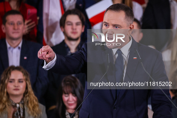 Karol Nawrocki is seen on stage at Law and Justice (PiS) party convention in Krakow, Poland on November 24th, 2024. Nawrocki, the head of Po...