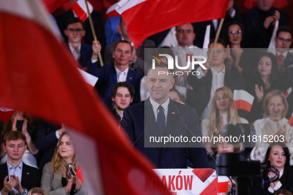 Karol Nawrocki is seen on stage at Law and Justice (PiS) party convention in Krakow, Poland on November 24th, 2024. Nawrocki, the head of Po...