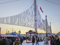 A snow-covered scene at the Winter Tollwood Festival on December 3, 2023, in Munich, Germany, shows the event's focus on art, culture, and s...