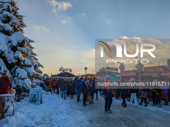 A snow-covered scene at the Winter Tollwood Festival on December 3, 2023, in Munich, Germany, shows the event's focus on art, culture, and s...