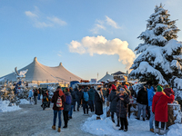 A snow-covered scene at the Winter Tollwood Festival on December 3, 2023, in Munich, Germany, shows the event's focus on art, culture, and s...