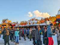 A snow-covered scene at the Winter Tollwood Festival on December 3, 2023, in Munich, Germany, shows the event's focus on art, culture, and s...