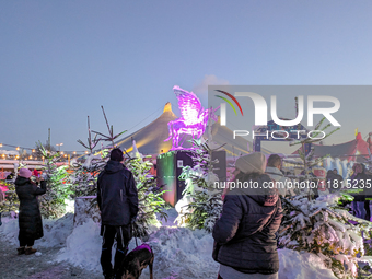 A snow-covered scene at the Winter Tollwood Festival on December 3, 2023, in Munich, Germany, shows the event's focus on art, culture, and s...