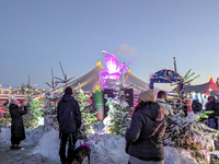 A snow-covered scene at the Winter Tollwood Festival on December 3, 2023, in Munich, Germany, shows the event's focus on art, culture, and s...