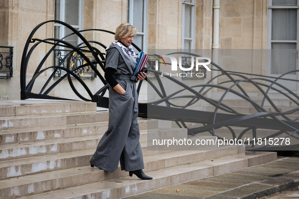 Nathalie Delattre, Minister attached to the Prime Minister responsible for Relations with Parliament, is seen at the end of the council of t...