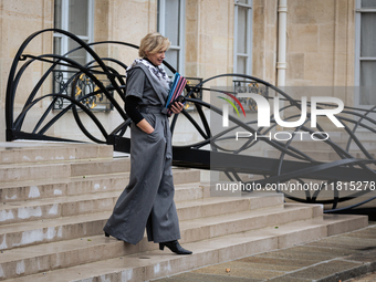 Nathalie Delattre, Minister attached to the Prime Minister responsible for Relations with Parliament, is seen at the end of the council of t...