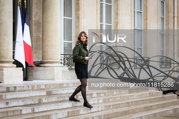 Maud Bregeon, the French government spokesperson, is seen at the end of the council of French ministers in the main courtyard of the Elysee...