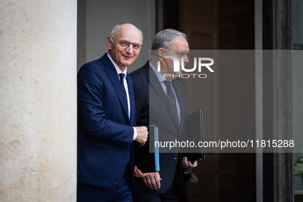 In Paris, France, on November 27, 2024, Didier Migaud, keeper of the seals and minister of justice, and Francois Noel Buffet, French ministe...