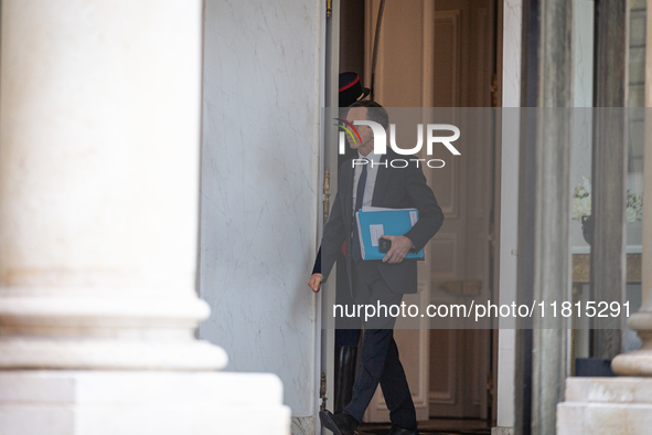 Bruno Retailleau, French Minister of the Interior, is seen at the end of the council of the French ministers at the Elysee Palace in Paris,...