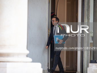 Bruno Retailleau, French Minister of the Interior, is seen at the end of the council of the French ministers at the Elysee Palace in Paris,...