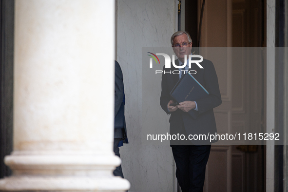 Michel Barnier, the French Prime Minister, is seen at the end of the council of the French ministers at the Elysee Palace in Paris, France,...