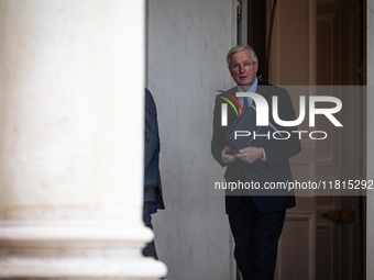 Michel Barnier, the French Prime Minister, is seen at the end of the council of the French ministers at the Elysee Palace in Paris, France,...