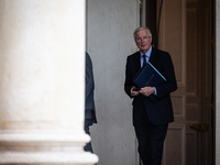 Michel Barnier, the French Prime Minister, is seen at the end of the council of the French ministers at the Elysee Palace in Paris, France,...