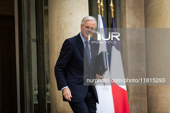 Michel Barnier, the French Prime Minister, is seen at the end of the council of the French ministers in the main courtyard of the Elysee Pal...