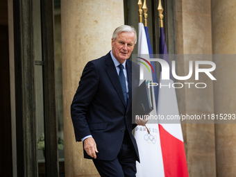 Michel Barnier, the French Prime Minister, is seen at the end of the council of the French ministers in the main courtyard of the Elysee Pal...