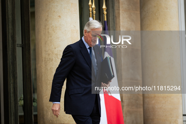 Michel Barnier, the French Prime Minister, is seen at the end of the council of the French ministers in the main courtyard of the Elysee Pal...