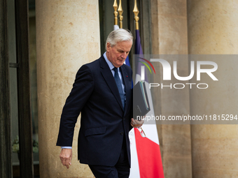 Michel Barnier, the French Prime Minister, is seen at the end of the council of the French ministers in the main courtyard of the Elysee Pal...