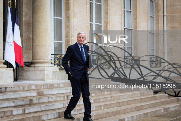 Michel Barnier, the French Prime Minister, is seen at the end of the council of the French ministers in the main courtyard of the Elysee Pal...