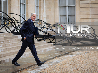 Michel Barnier, the French Prime Minister, is seen at the end of the council of the French ministers in the main courtyard of the Elysee Pal...