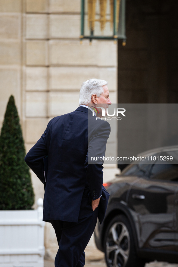 Michel Barnier, the French Prime Minister, is seen at the end of the council of the French ministers in the main courtyard of the Elysee Pal...