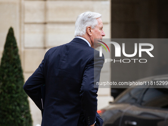 Michel Barnier, the French Prime Minister, is seen at the end of the council of the French ministers in the main courtyard of the Elysee Pal...