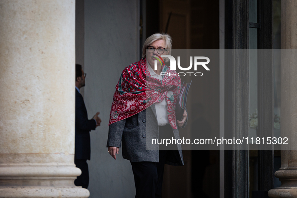 Catherine Vautrin, minister for regional partnership and decentralization, is seen at the end of the council of the French ministers in the...