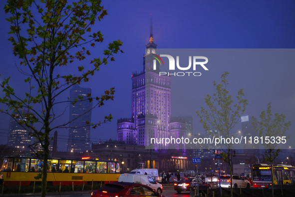 An evening view on the Palace of Culture and Science in Warsaw, Poland on N ovember 26th, 2024. 