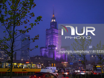 An evening view on the Palace of Culture and Science in Warsaw, Poland on N ovember 26th, 2024. (