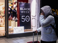 Black Week banner is seen in a shop window in Warsaw, Poland on N ovember 26th, 2024. (