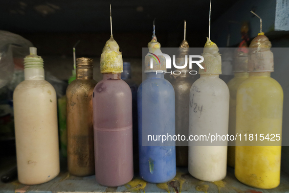 View of pigments in a workshop and copper plant where handmade balls made of blown glass are made in the Tlahuac municipality, Mexico City,...