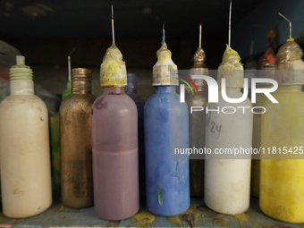 View of pigments in a workshop and copper plant where handmade balls made of blown glass are made in the Tlahuac municipality, Mexico City,...