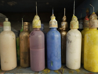 View of pigments in a workshop and copper plant where handmade balls made of blown glass are made in the Tlahuac municipality, Mexico City,...