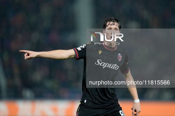 Giovanni Fabbian of Bologna FC gestures during the UEFA Champions League 2024/25 League Phase MD5 match between Bologna FC and LOSC Lille at...