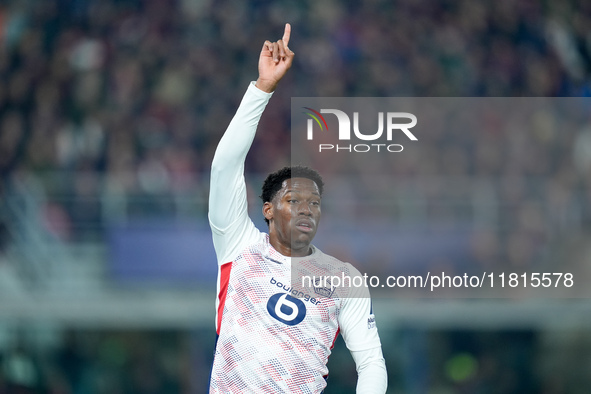 Jonathan David of LOSC Lille gestures during the UEFA Champions League 2024/25 League Phase MD5 match between Bologna FC and LOSC Lille at S...