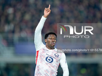 Jonathan David of LOSC Lille gestures during the UEFA Champions League 2024/25 League Phase MD5 match between Bologna FC and LOSC Lille at S...