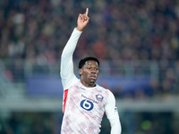 Jonathan David of LOSC Lille gestures during the UEFA Champions League 2024/25 League Phase MD5 match between Bologna FC and LOSC Lille at S...