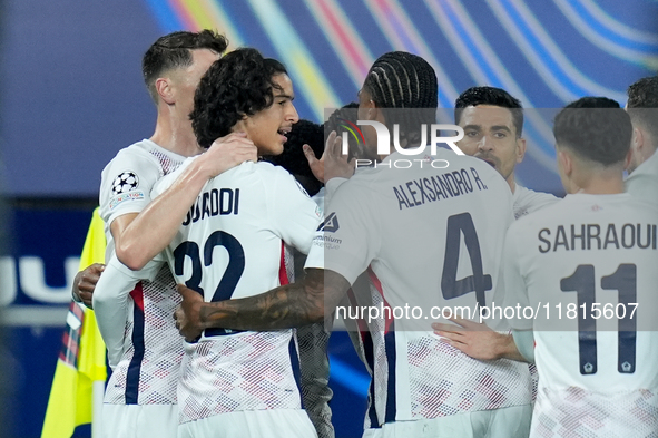 Ngal'ayel Mukau of LOSC Lille celebrates after scoring first goal during the UEFA Champions League 2024/25 League Phase MD5 match between Bo...