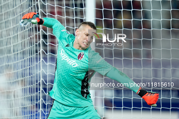 Lukasz Skorupski of Bologna FC looks angry after conceding the first goal during the UEFA Champions League 2024/25 League Phase MD5 match be...