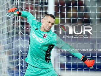 Lukasz Skorupski of Bologna FC looks angry after conceding the first goal during the UEFA Champions League 2024/25 League Phase MD5 match be...