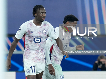 Ngal'ayel Mukau of LOSC Lille celebrates after scoring first goal during the UEFA Champions League 2024/25 League Phase MD5 match between Bo...