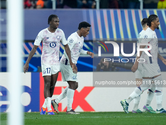 Ngal'ayel Mukau of LOSC Lille celebrates after scoring first goal during the UEFA Champions League 2024/25 League Phase MD5 match between Bo...