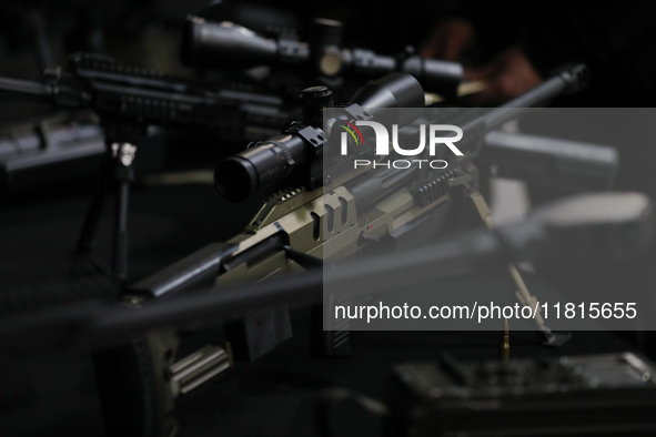 A military rifle is displayed during the 1st National Congress 'Republic of Poland Defense System. Secure Poland and Citizens' at EXPO Krako...